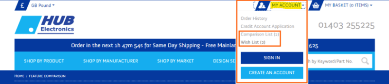 Screenshot of header from HUB Electronics website highlighting the 'My Account' section