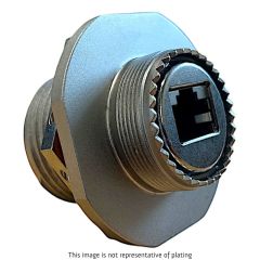 Front view of EMCA Connector Solutions RJ45 CAT6A Feedthrough Jam Nut Receptacle in Electroless Nickel finish