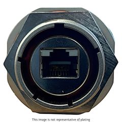 Rear view of EMCA Connector Solutions RJ45 CAT6A Feedthrough Jam Nut Receptacle in Electroless Nickel finish