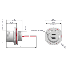 Dimensions of EMCA Connector Solutions X2-9847 Dual USB-C Jam Nut Receptacle for Power Supply