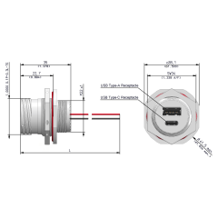 Dimensions of EMCA Connector Solutions X2-9859 Dual USB-A/C Jam Nut Receptacle for Power Supply