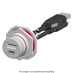 Front view of EMCA Connector Solutions X2-9863 Dual USB-A/C Jam Nut Receptacle with Cordset