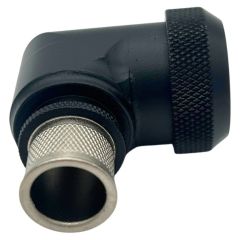 Side view of EMCA Electro-Mechanic A37-795 90 Degree Screened Adaptor in Black Hybrid finish