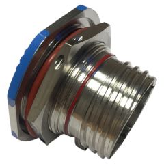 Side view of Souriau Sunbank by Eaton D38999 Series III Jam Nut Receptacle in Stainless Steel finish (Part Number: D38999/24KA35SN)