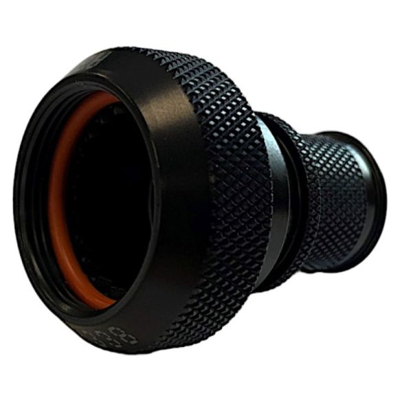 Front view of EMCA Straight Screened Adaptor in Black Zinc Nickel finish (Part Number: A37-796-3203)
