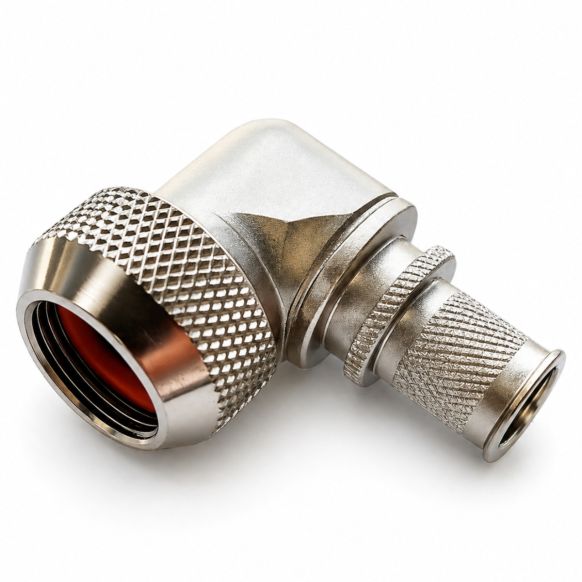 Front view of EMCA Electro-Mechanic A37-525 90 Degree Screened Adaptor in Stainless Steel Passivated finish