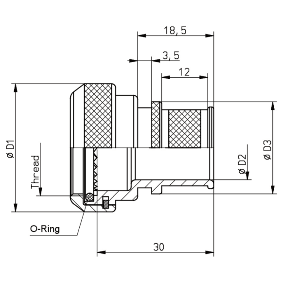 Dimensions of EMCA Straight Screened Adaptor in Olive Drab Zinc Cobalt finish (Part Number: A37-526-1406KN)