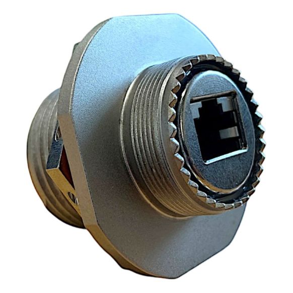 Front view of EMCA Connector Solutions RJ45 CAT6A Feedthrough Jam Nut Receptacle in Electroless Nickel finish (Part Number: X1-9889-19-5 N 0)