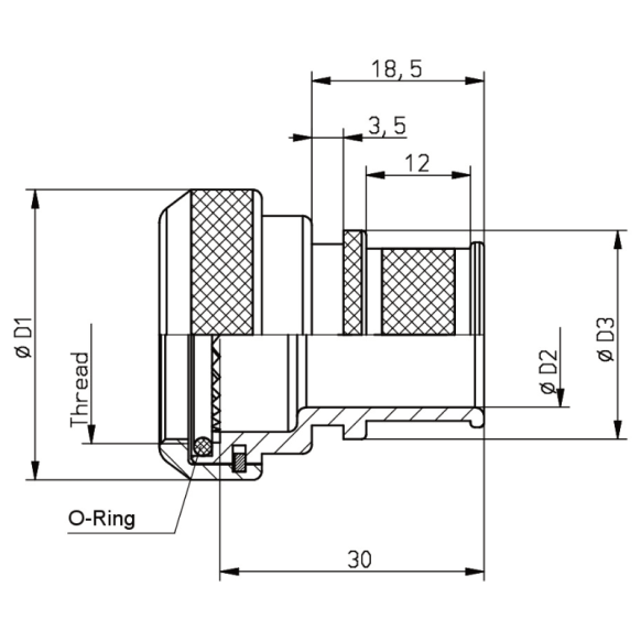 Dimensions of EMCA Straight Screened Adaptor in Olive Drab Cadmium finish (Part Number: A37-796-7612)