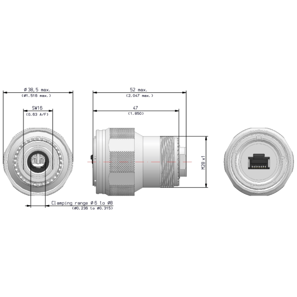 Dimensions of EMCA Connector Solutions RJ45 CAT6A Plug Connector in Stainless Steel finish (Part Number: X1-9878-19-1 N)