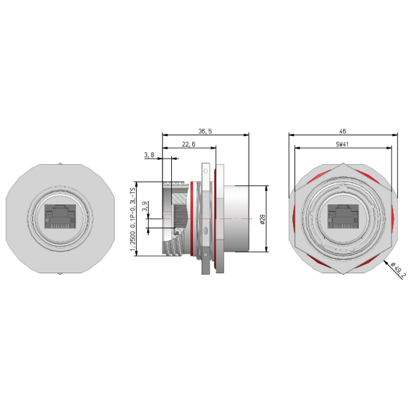 Dimensions of EMCA Connector Solutions RJ45 CAT6A Feedthrough Standard Jam Nut Receptacle in Stainless Steel finish (Part Number: X1-9883-19-1 N 0)