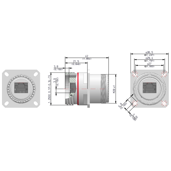 Dimensions of EMCA Connector Solutions RJ45 CAT6A Feedthrough Sealed Square Flange Receptacle in Black Zinc Nickel finish (Part Number: X1-9884-19-2 N 0)