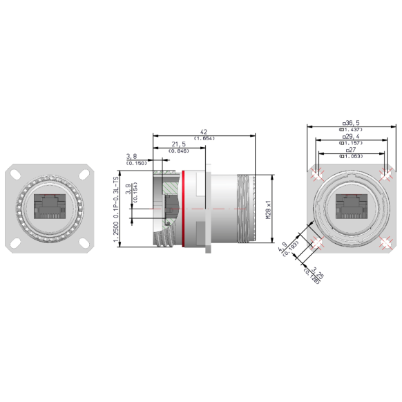 Dimensions of EMCA Connector Solutions RJ45 CAT6A Feedthrough Sealed Square Flange Receptacle in Marine Bronze finish (Part Number: X1-9884-19-9 N 0)