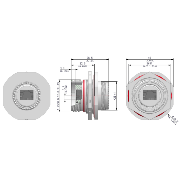 Dimensions of EMCA Connector Solutions RJ45 CAT6A Feedthrough Jam Nut Receptacle in Marine Bronze finish (Part Number: X1-9889-19-9 N 0)