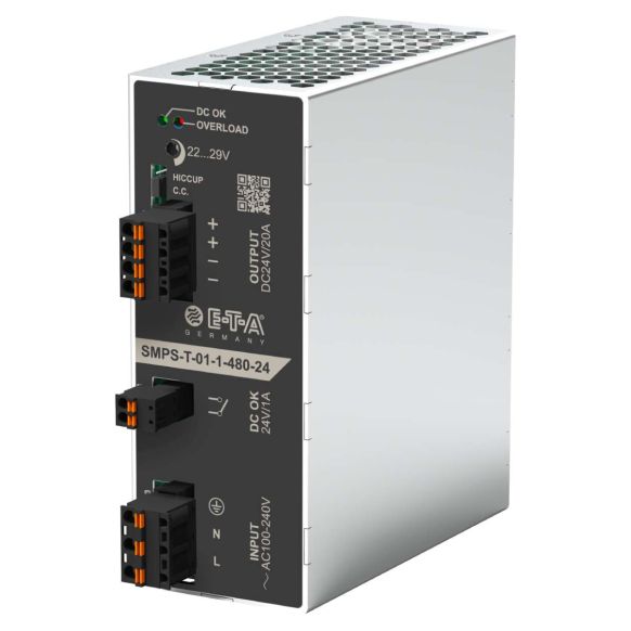 Front view of E-T-A SMPS-T Series Single Phase Switch Mode Power Supply - 480 W - 20A (Part Number: SMPS-T-01-1-480-DC24V-20A)