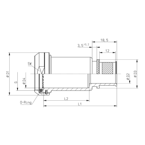 Dimensions of EMCA Straight RFI/EMI Extended Backshell in Olive Drab Cadmium finish (Part Number: A37-035-1605MKN)