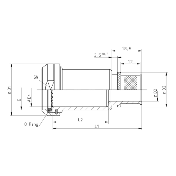 Dimensions of EMCA Straight RFI/EMI Extended Backshell in Black Hybrid finish (Part Number: A37-035-2J07LKN)