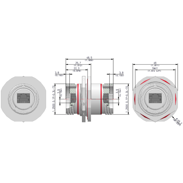 Dimensions of EMCA Connector Solutions RJ45 CAT5e Bulkhead Feedthrough Jam Nut Receptacle in Marine Bronze finish (Part Number: X1-9851-19-9 N 0)