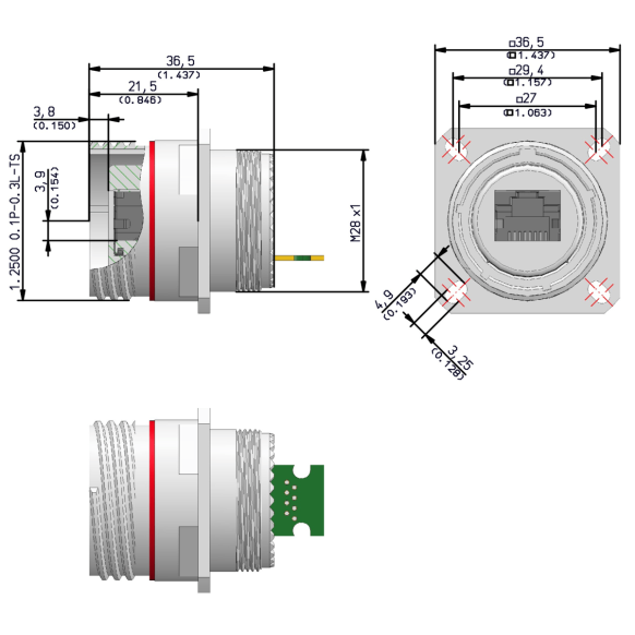 Dimensions of EMCA Connector Solutions X1-9886 RJ45 CAT6A PCB Square Flange Receptacle