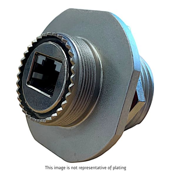 Front View of EMCA Connector Solutions RJ45 CAT6A Feedthrough Jam Nut Receptacle in Electroless Nickel finish