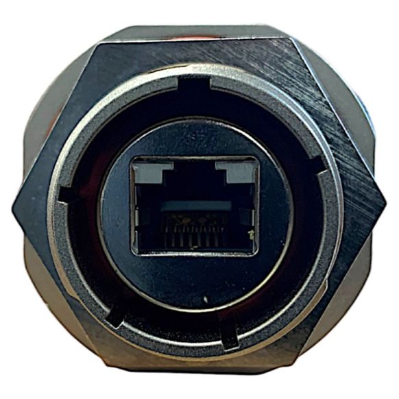 Rear view of EMCA Connector Solutions RJ45 CAT6A Feedthrough Jam Nut Receptacle in Electroless Nickel finish (Part Number: X1-9889-19-5 N 0)