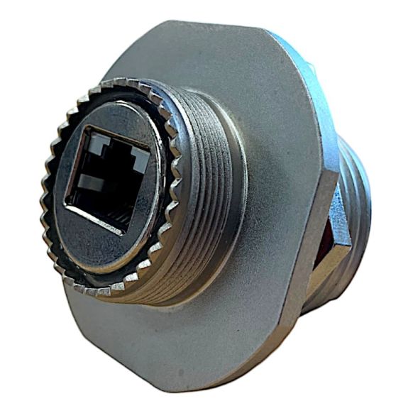Front View of EMCA Connector Solutions RJ45 CAT6A Feedthrough Jam Nut Receptacle in Electroless Nickel finish (Part Number: X1-9889-19-5 N 0)