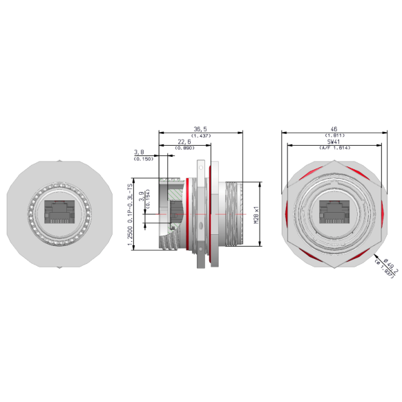 Dimensions of EMCA Connector Solutions RJ45 CAT6A Feedthrough Jam Nut Receptacle in Electroless Nickel finish (Part Number: X1-9889-19-5 N 0)