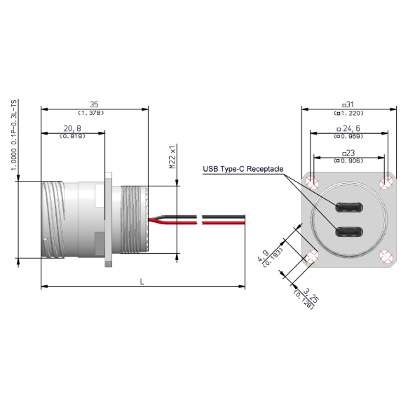 Dimensions of EMCA Connector Solutions X2-9846 Dual USB-C Square Flange Receptacle for Power Supply