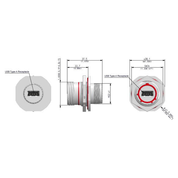 Dimensions of EMCA Connector Solutions X2-9853 USB-A Jam Nut Receptacle Feedthrough