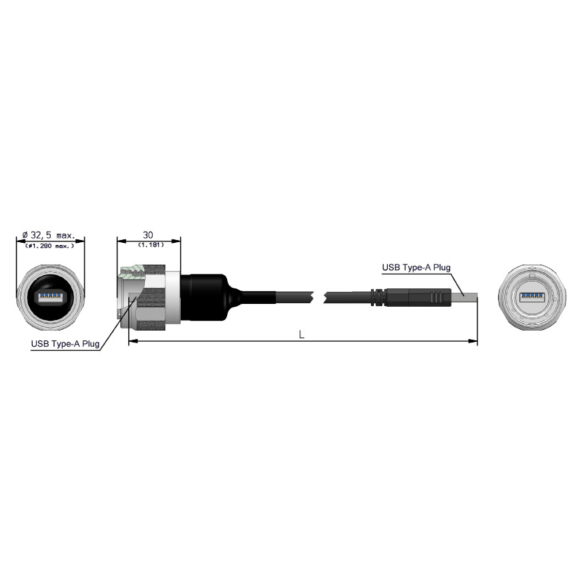 Dimensions of EMCA Connector Solutions X2-9855 USB-A Plug Connector with Cordset