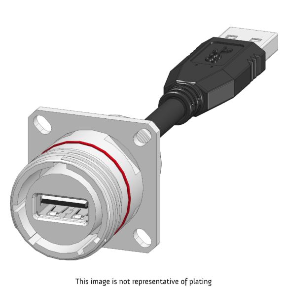 Front view of EMCA Connector Solutions X2-9856 USB-A Square Flange Receptacle with Cordset