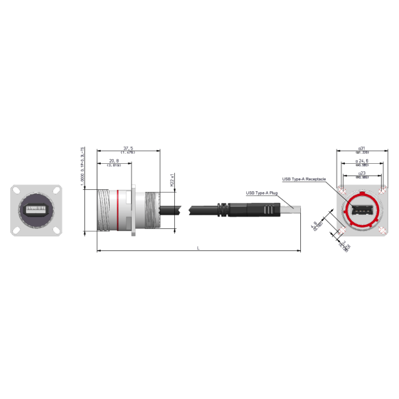 Dimensions of EMCA Connector Solutions X2-9856 USB-A Square Flange Receptacle with Cordset