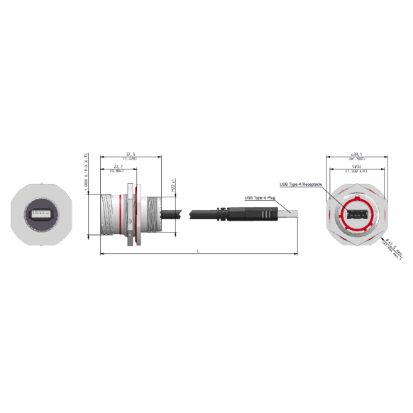 Dimensions of EMCA Connector Solutions X2-9857 USB-A Jam Nut Receptacle with Cordset