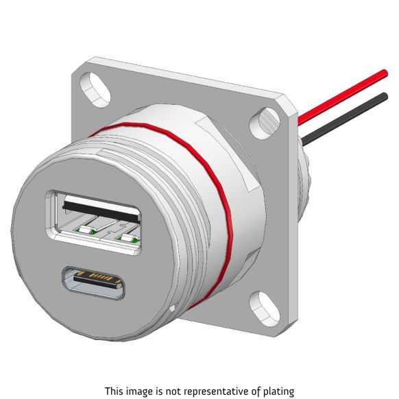 Front view of EMCA Connector Solutions X2-9858 Dual USB-A/C Square Flange Receptacle for Power Supply