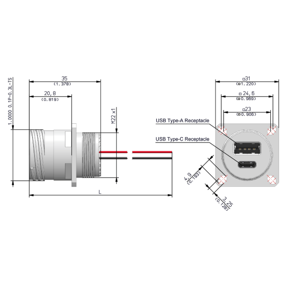 Dimensions of EMCA Connector Solutions X2-9858 Dual USB-A/C Square Flange Receptacle for Power Supply