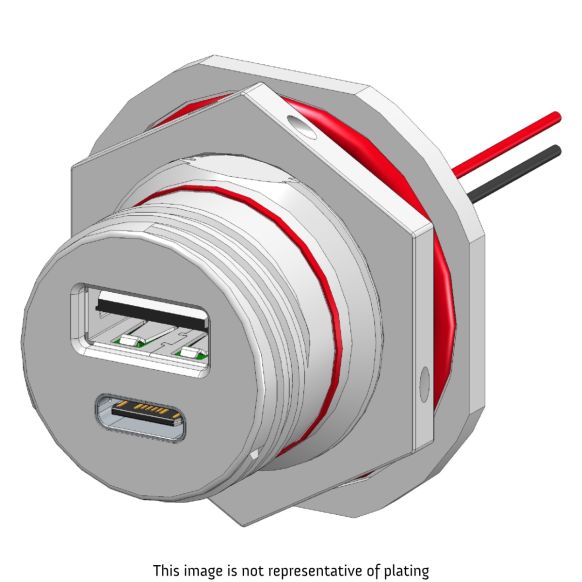 Front view of EMCA Connector Solutions X2-9859 Dual USB-A/C Jam Nut Receptacle for Power Supply