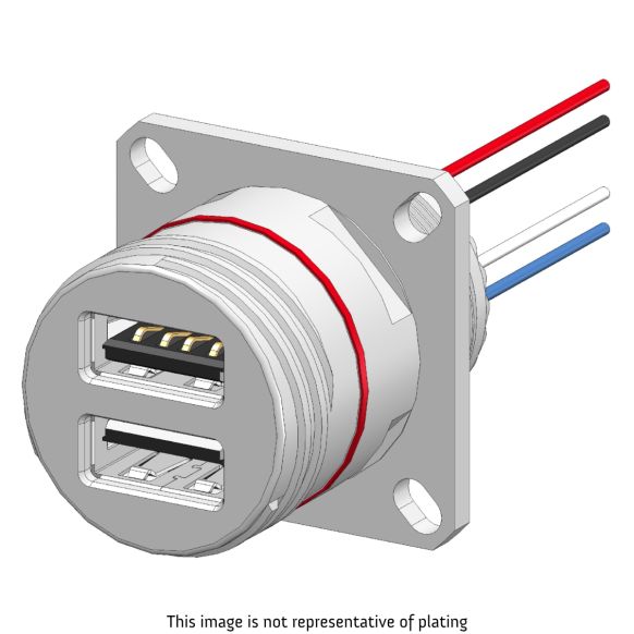 Front view of EMCA Connector Solutions X2-9860 Dual USB-A Square Flange Receptacle for Power Supply