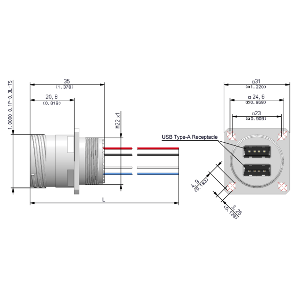 Dimensions of EMCA Connector Solutions X2-9860 Dual USB-A Square Flange Receptacle for Power Supply