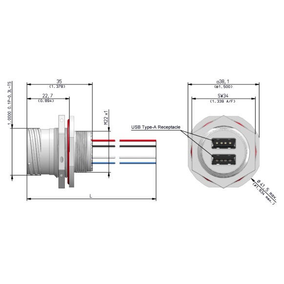 Dimensions of EMCA Connector Solutions X2-9861 Dual USB-A Jam Nut Receptacle for Power Supply