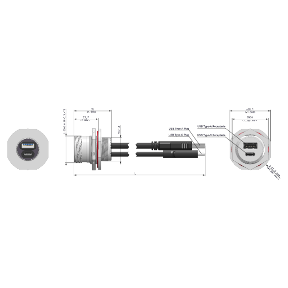 Dimensions of EMCA Connector Solutions X2-9863 Dual USB-A/C Jam Nut Receptacle with Cordset