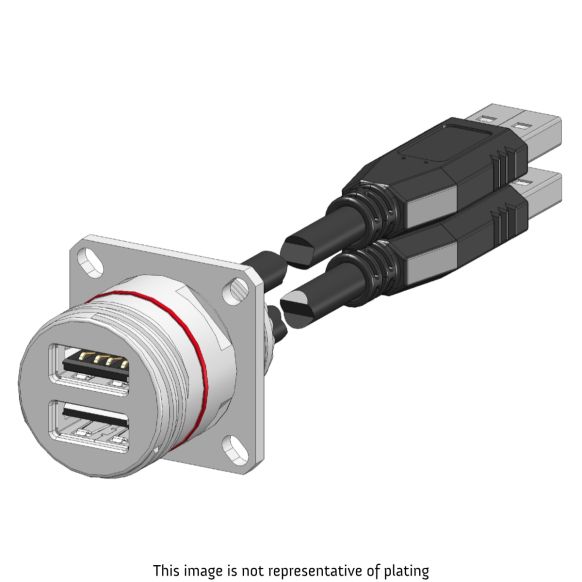 Front view of EMCA Connector Solutions X2-9864 Dual USB-A Square Flange Receptacle with Cordset