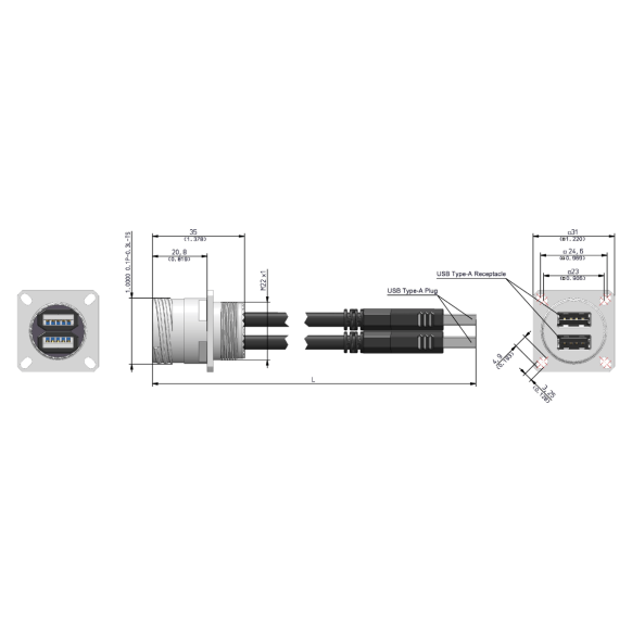 Dimensions of EMCA Connector Solutions X2-9864 Dual USB-A Square Flange Receptacle with Cordset