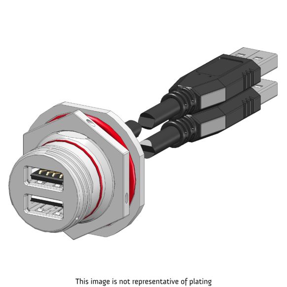 Front view of EMCA Connector Solutions X2-9865 Dual USB-A Jam Nut Receptacle with Cordset