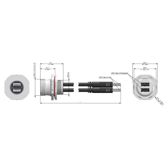 Dimensions of EMCA Connector Solutions X2-9865 Dual USB-A Jam Nut Receptacle with Cordset
