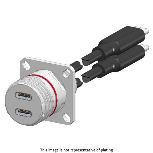 Front view of EMCA Connector Solutions X2-9866 Dual USB-C Square Flange Receptacle with Cordset