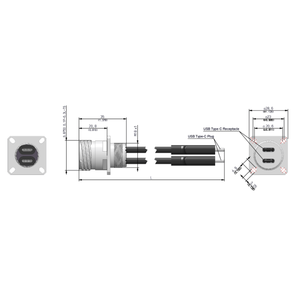 Dimensions of EMCA Connector Solutions X2-9866 Dual USB-C Square Flange Receptacle with Cordset