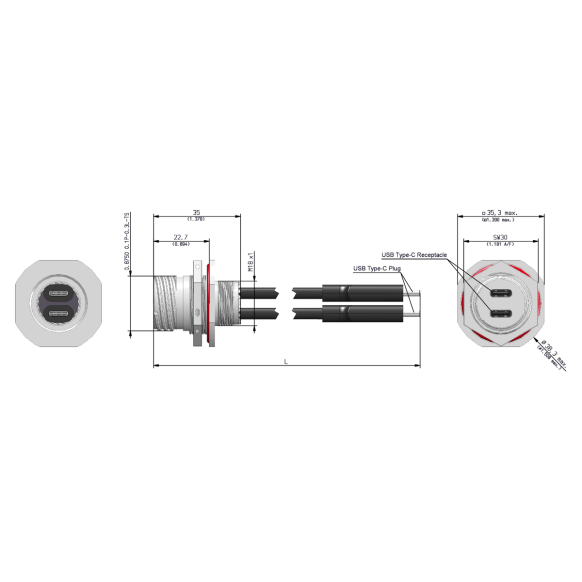 Dimensions of EMCA Connector Solutions X2-9867 Dual USB-C Jam Nut Receptacle with Cordset