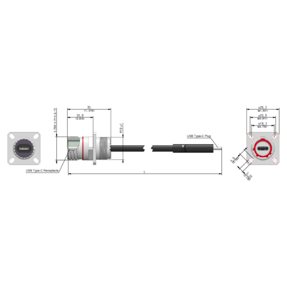 Dimensions of EMCA Connector Solutions X2-9875 USB-C Square Flange Receptacle with Cordset