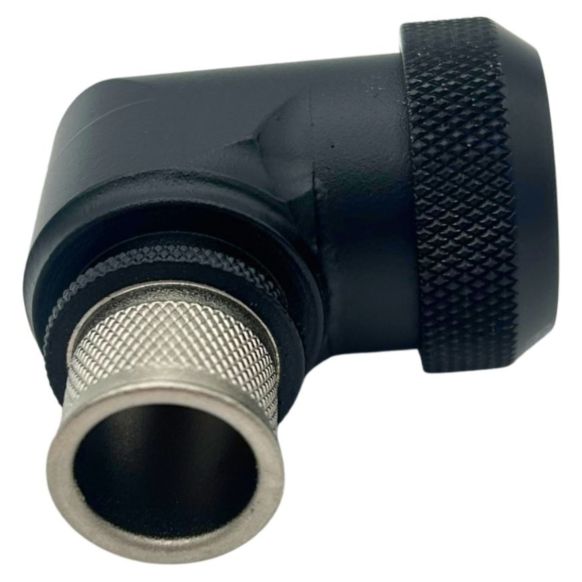 Side view of EMCA Electro-Mechanic A37-525 90 Degree Screened Adaptor in Black Hybrid finish