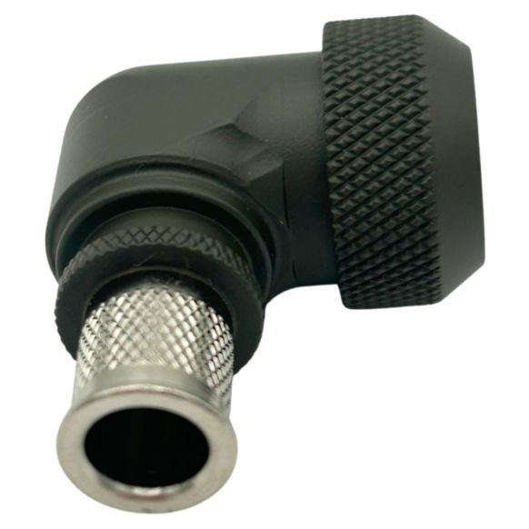 Side view of EMCA Electro-Mechanic A37-795 90 Degree Screened Adaptor in Olive Drab Hybrid finish